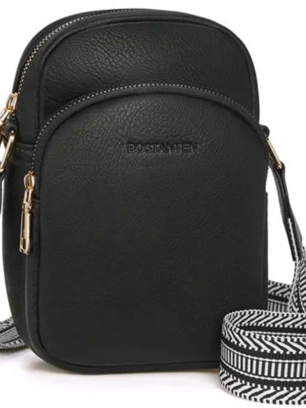 Bostanten Black Leather Crossbody Bag with Patterned Strap